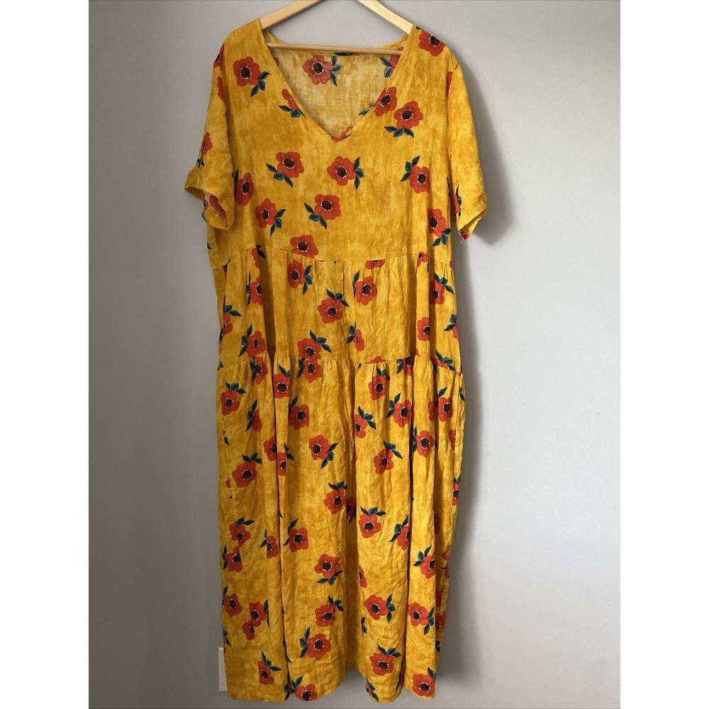 YESNO Yellow Orange Sun Bleached Floral Maxi Dress Size 3X Tiered Pockets Modest